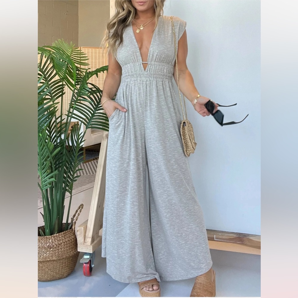 Deep V Wide Leg Jumpsuit in grey size M